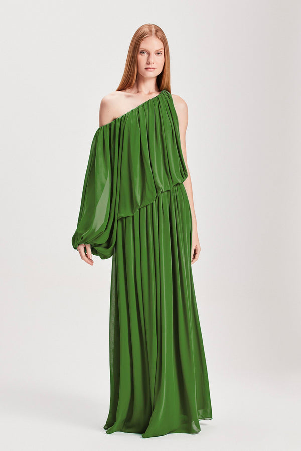 VESTIDO LONGO UM OMBRO DRAPEADO GGT VERDE (8127966576867)