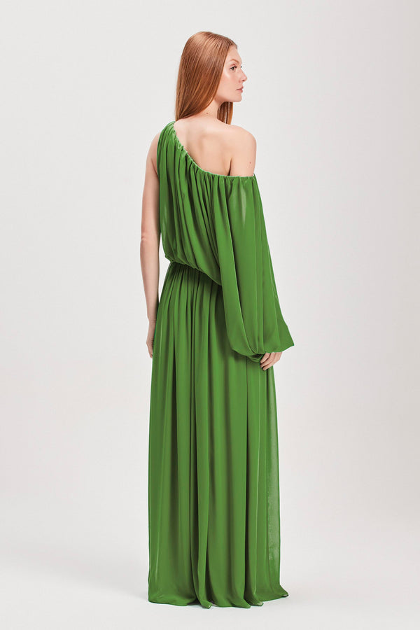 VESTIDO LONGO UM OMBRO DRAPEADO GGT VERDE (8127966576867)