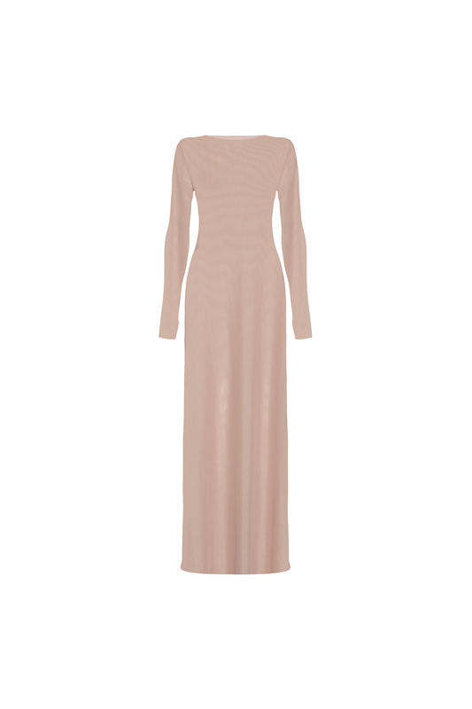 VESTIDO LONGO MANGA LONGA TULE BEGE