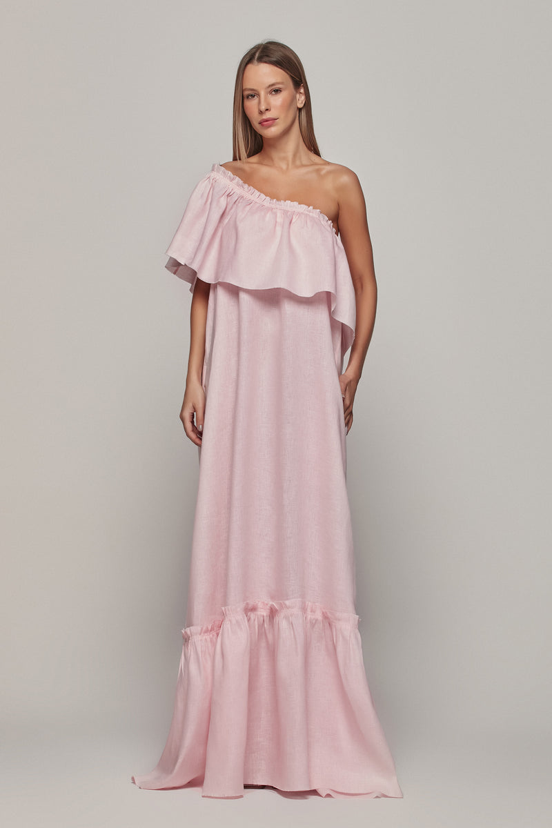 VESTIDO LONGO BABADO UM OMBRO LINHO ROSA CLARA (8193371177187)