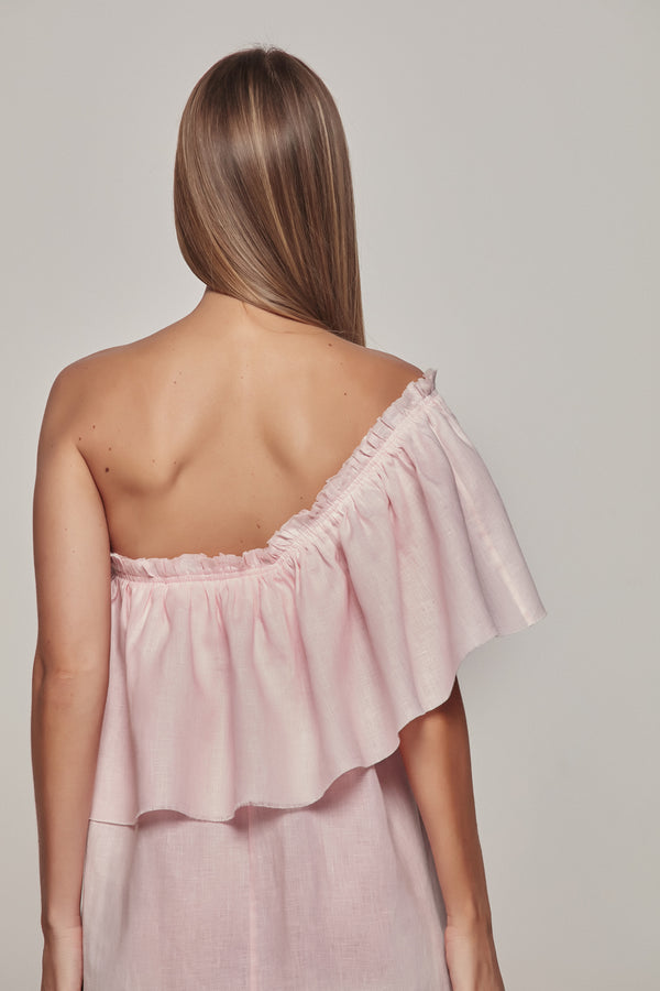 VESTIDO LONGO BABADO UM OMBRO LINHO ROSA CLARA (8193371177187)