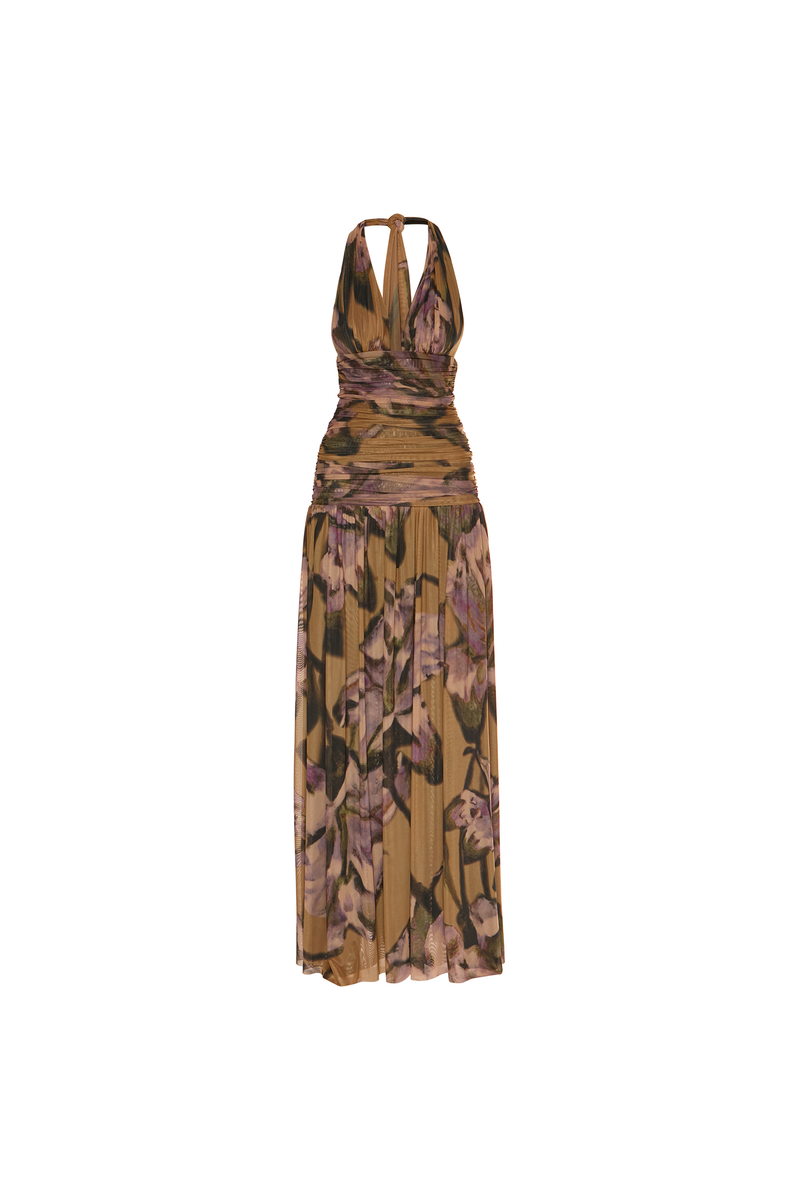 VESTIDO LONGO FRENTE ÚNICA DRAPEADO TULE FLORAL (8748927549667)