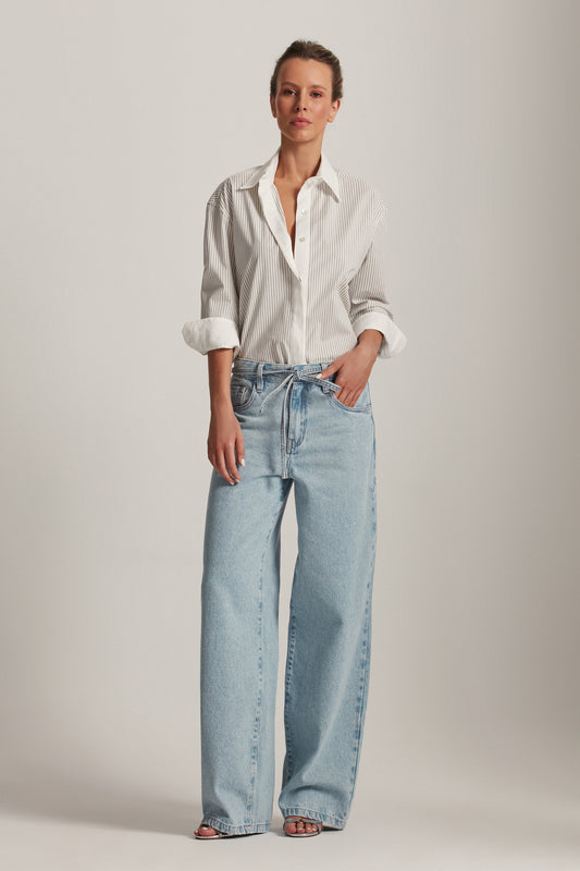 CAMISA CAMBRAIA ALGODÃO OFF WHITE E LISTRAS PRETAS (8143808954595)