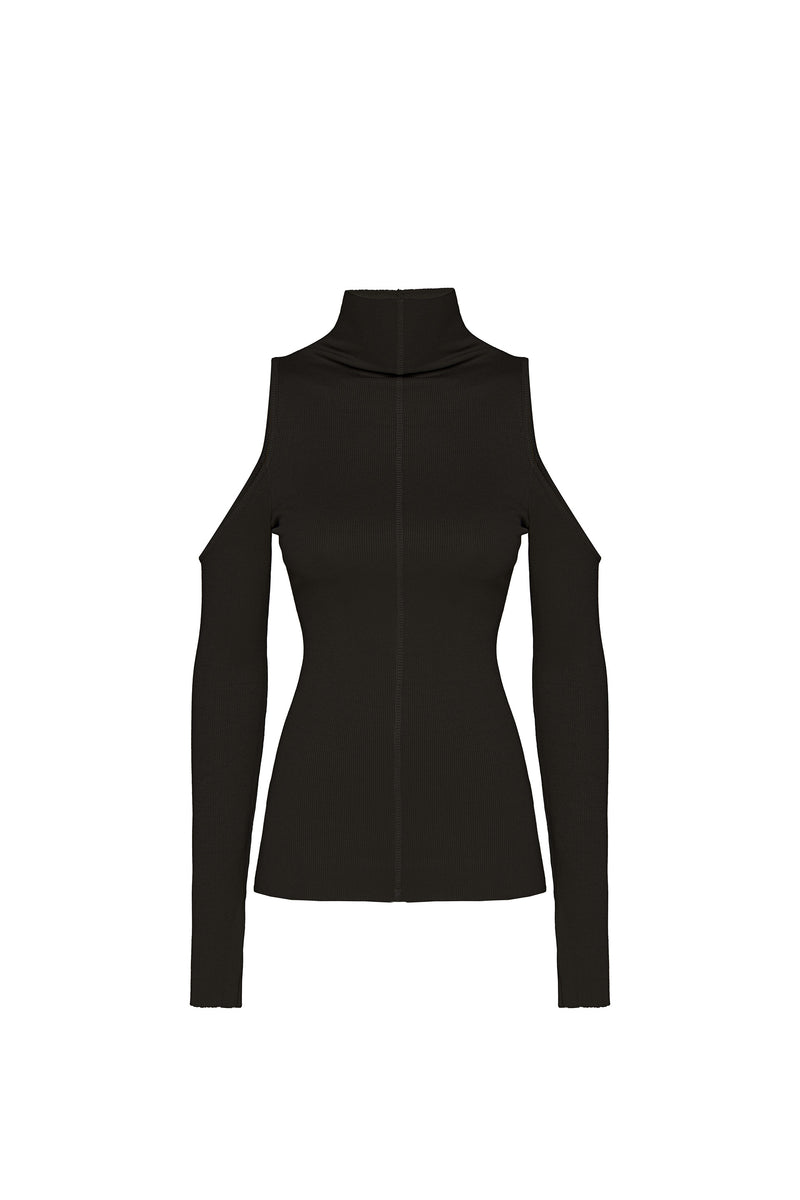 BLUSA GOLA ALTA ABERTURA OMBRO MALHA PRETA (8537378193635)