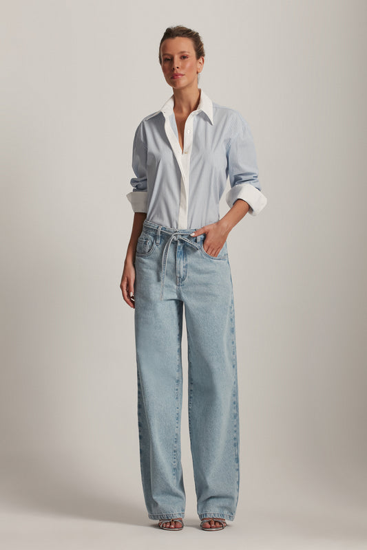 CAMISA CAMBRAIA ALGODÃO AZUL LISTRAS OFF WHITE (8143808823523)