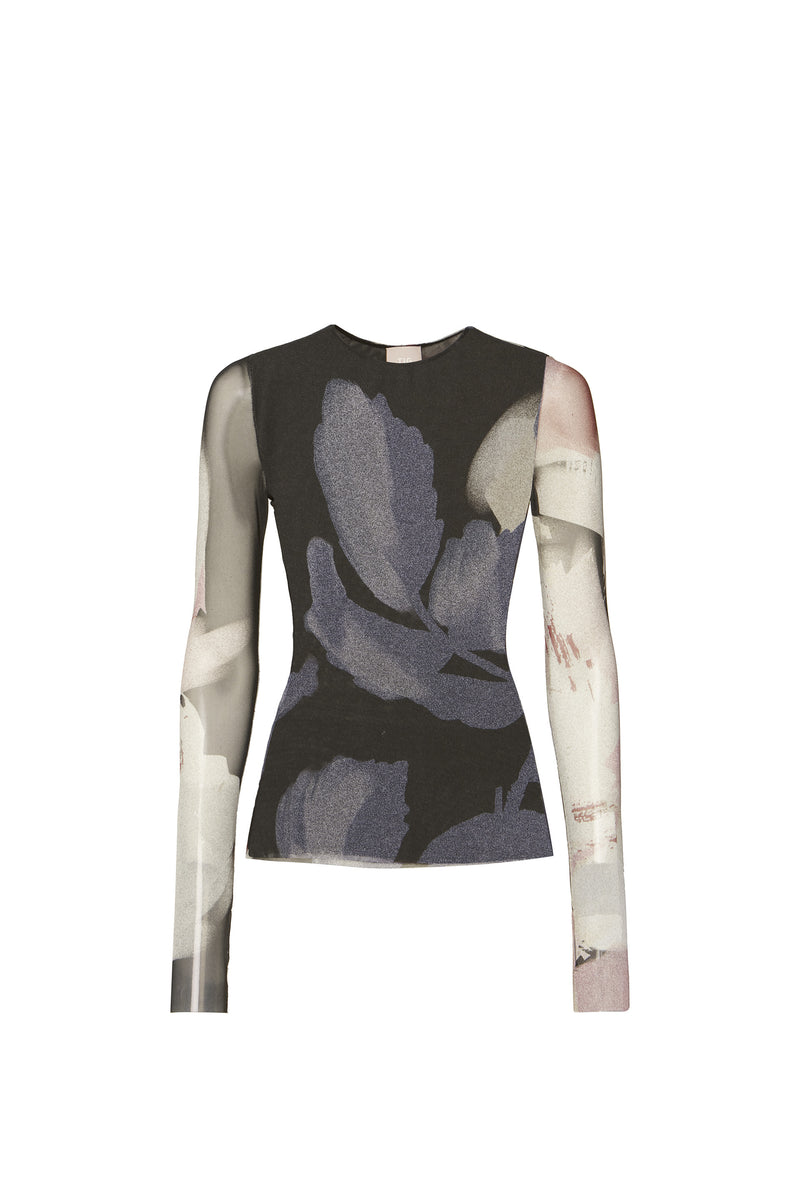 BLUSA TULE MANGA LONGA FLORAL PIXEL AZUL (8537365020899)