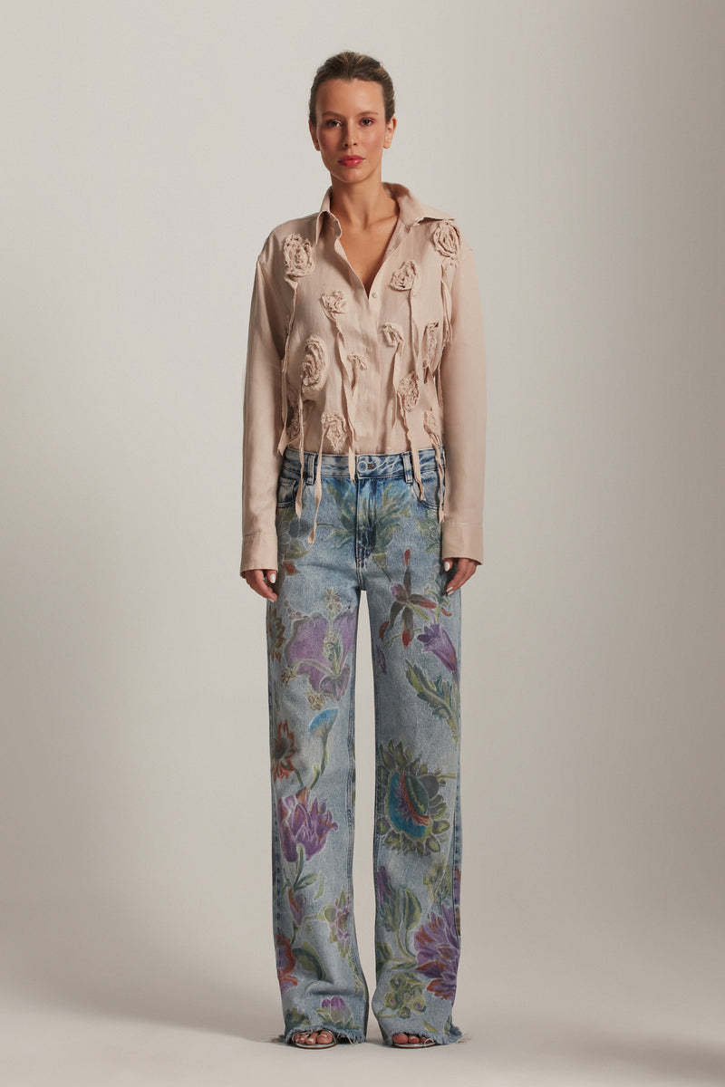CALÇA JEANS FLORAL PINTADA Á MÃO (8143807578339)