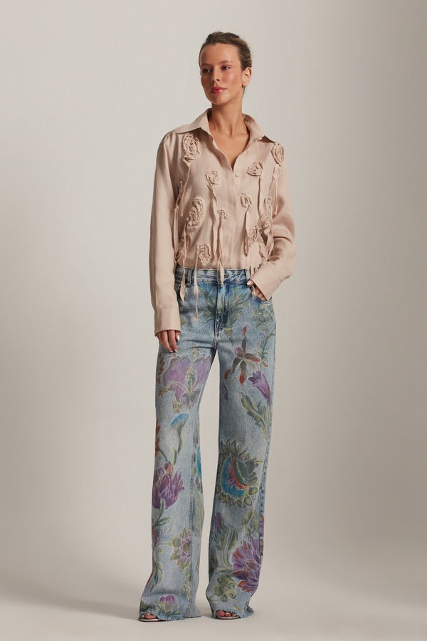 CALÇA JEANS FLORAL PINTADA Á MÃO (8143807578339)