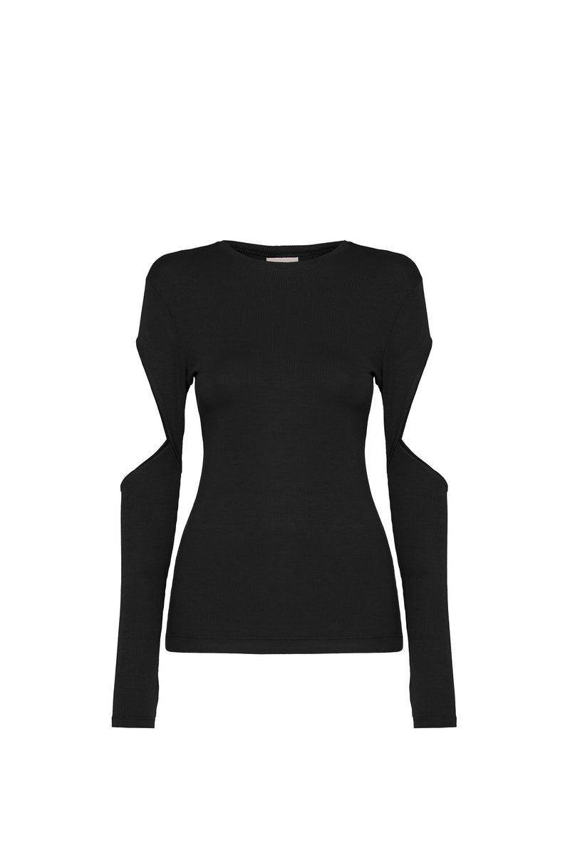 BLUSA MANGA LONGA RECORTES BRAÇO MALHA PRETA (8470192357603)