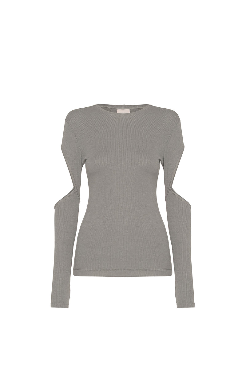 BLUSA MANGA LONGA RECORTE BRAÇO MALHA CINZA (8470191898851)