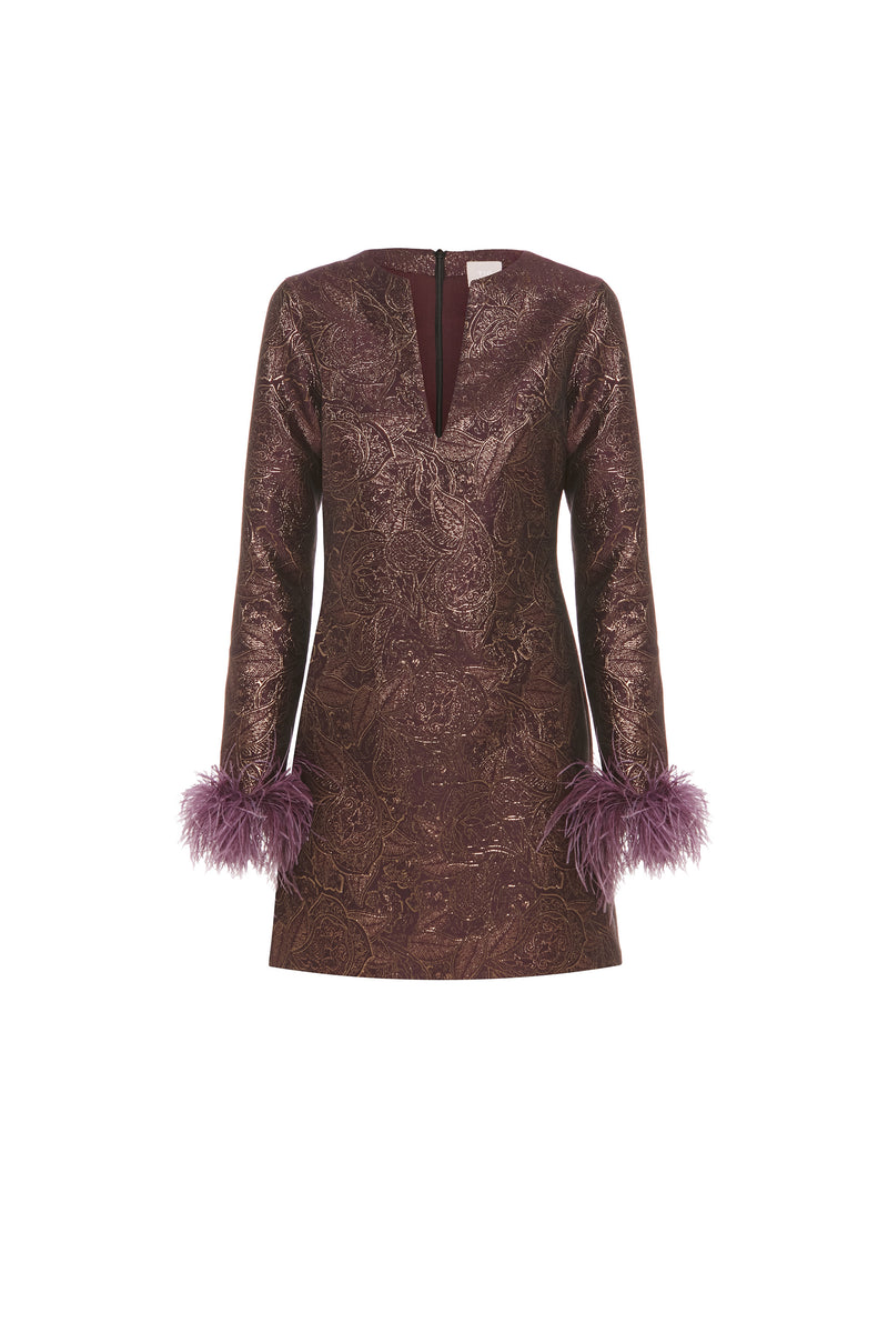 VESTIDO CURTO JACQUARD BORDÔ PLUMAS (8470124200163)
