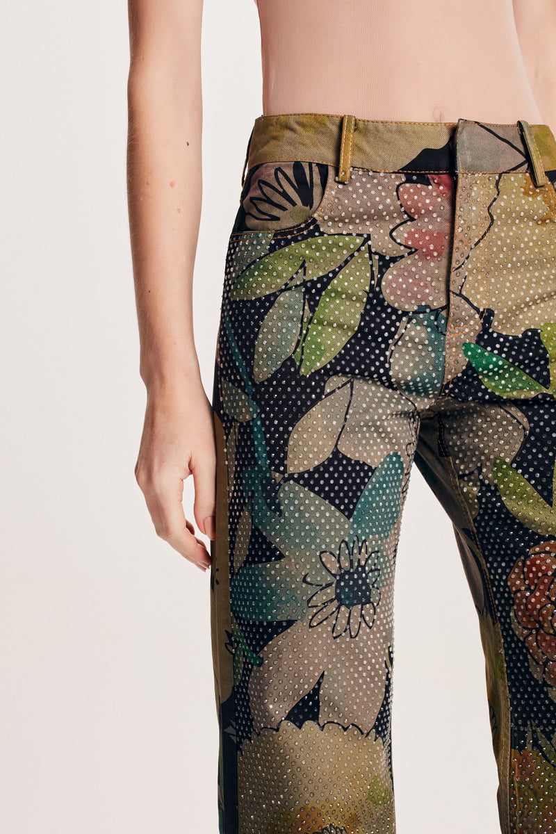 CALÇA SARJA FLORAL MULTICOLOR PEDRAS (8112394207459)