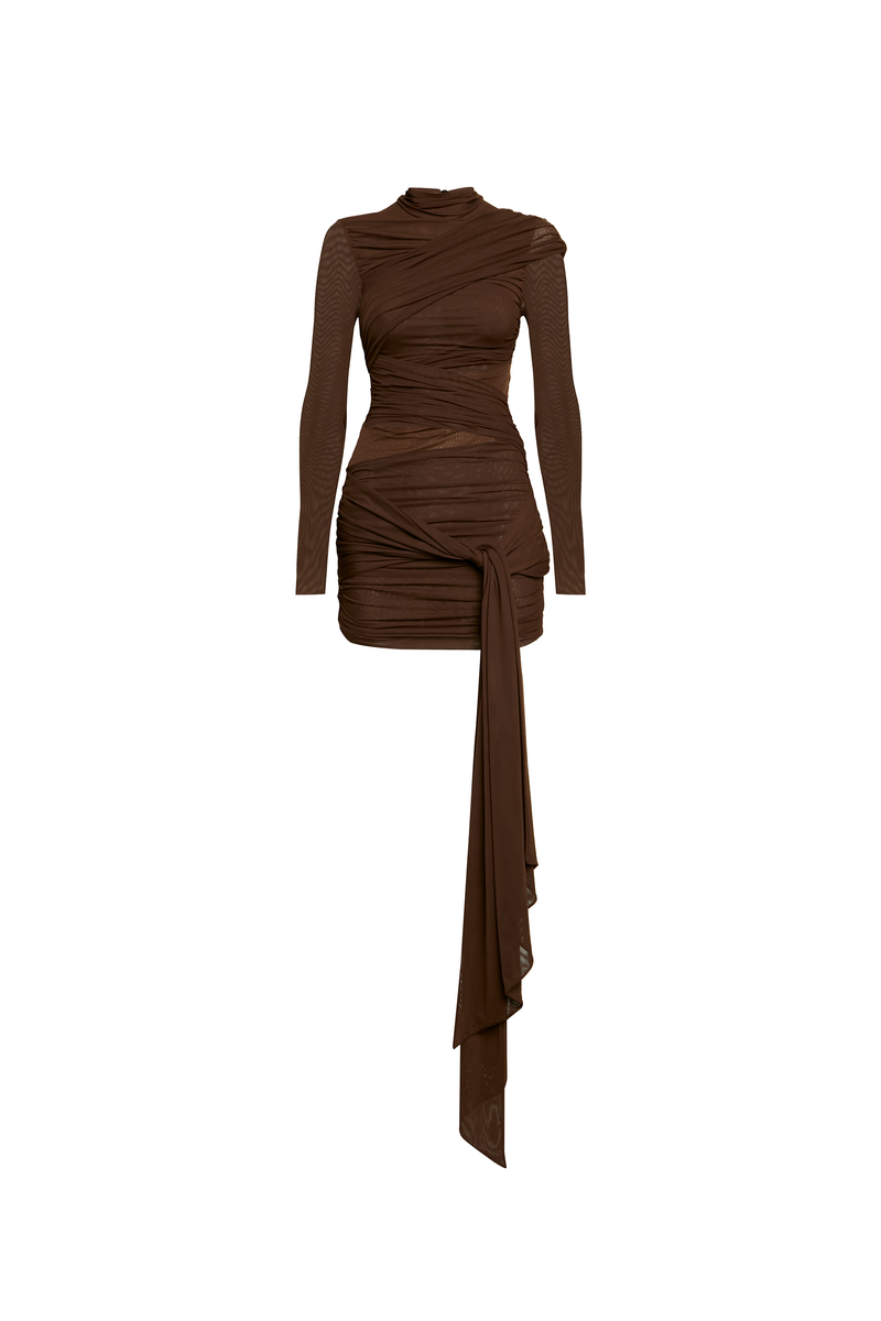 VESTIDO CURTO GOLA ALTA MANGA LONGA TRANSPASSES TULE MARROM (8864520044771)