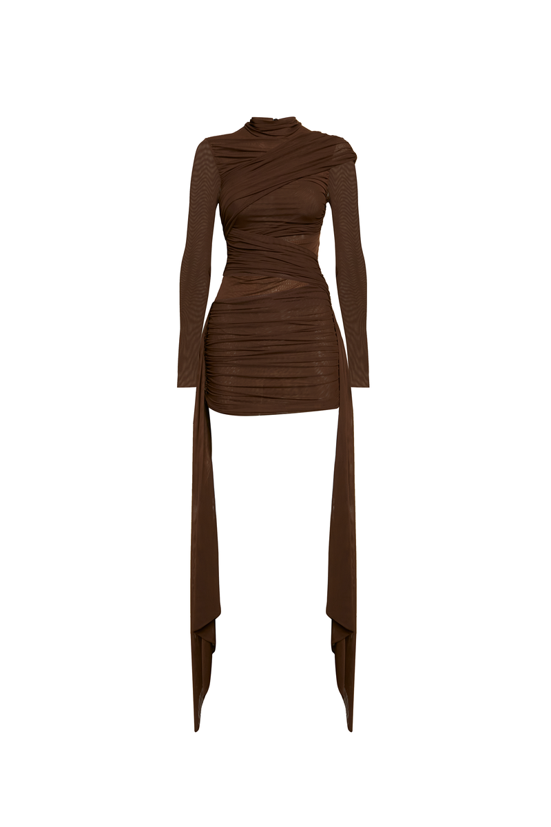 VESTIDO CURTO GOLA ALTA MANGA LONGA TRANSPASSES TULE MARROM (8864520044771)