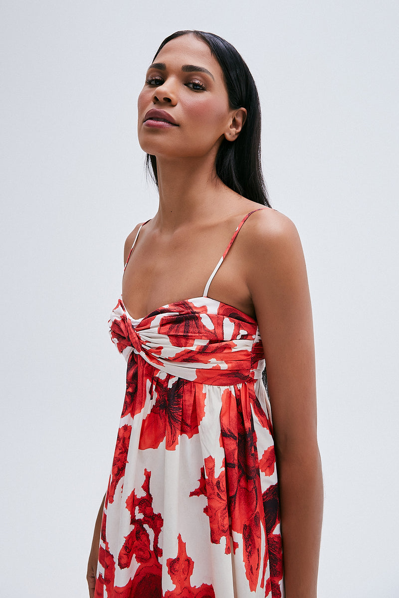 VESTIDO LONGO PEITO DRAPEDO TRICOLINE FLORAL VERMELHO (8216364777699)