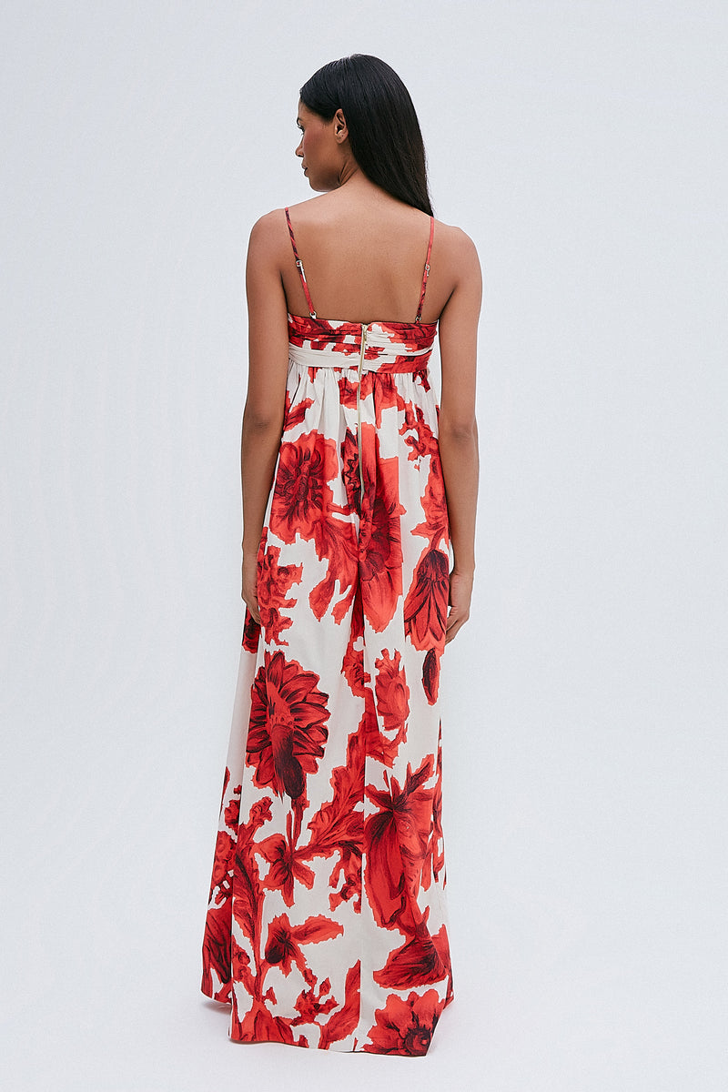 VESTIDO LONGO PEITO DRAPEDO TRICOLINE FLORAL VERMELHO (8216364777699)