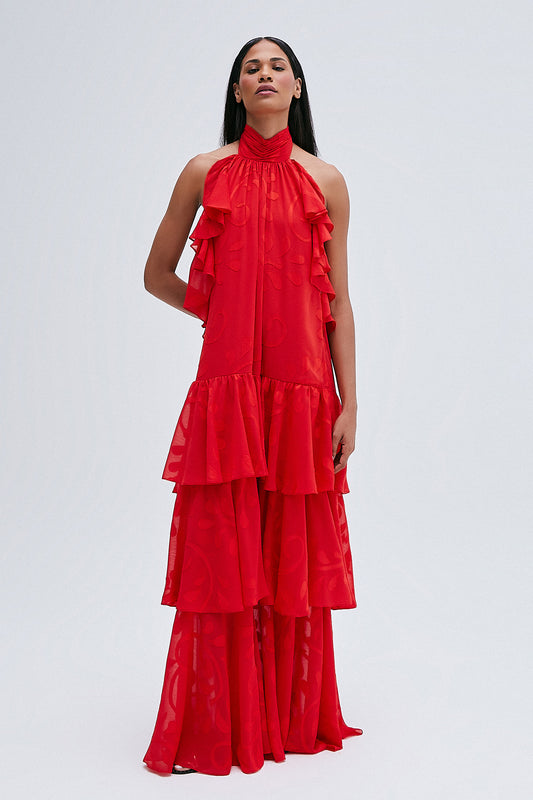 VESTIDO LONGO FRENTE UNICA BABADOS VERMELHO (8216364515555)