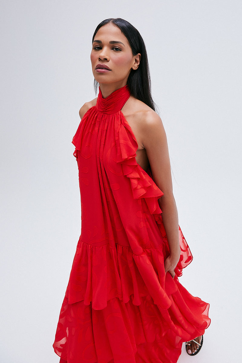 VESTIDO LONGO FRENTE UNICA BABADOS VERMELHO (8216364515555)