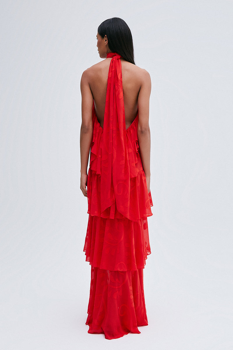 VESTIDO LONGO FRENTE UNICA BABADOS VERMELHO (8216364515555)