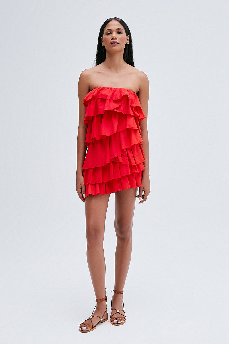 VESTIDO CURTO BABADOS TRICOLINE VERMELHO (8216364089571)