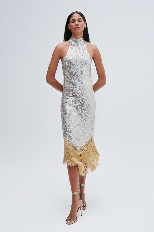 VESTIDO MIDI GOLA ALTA PAETE PRATA FRANJA DOURADA (8216365465827)