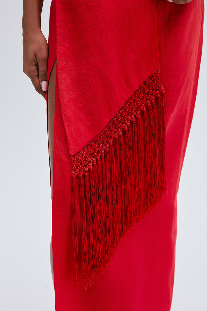 VESTIDO LONGO TOMARA QUE CAIA FRANJA LINHO VERMELHO (8216365007075)