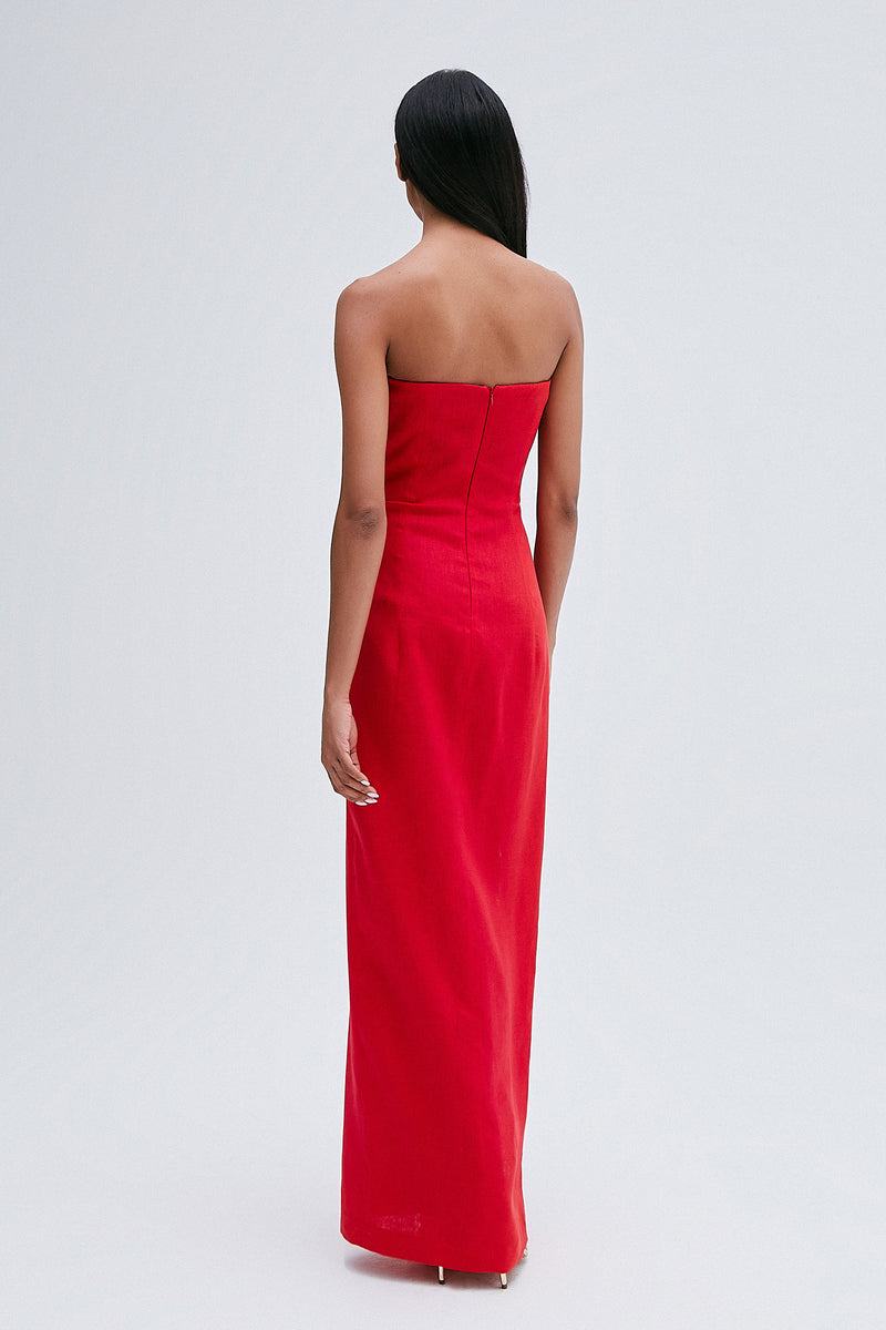 VESTIDO LONGO TOMARA QUE CAIA FRANJA LINHO VERMELHO (8216365007075)