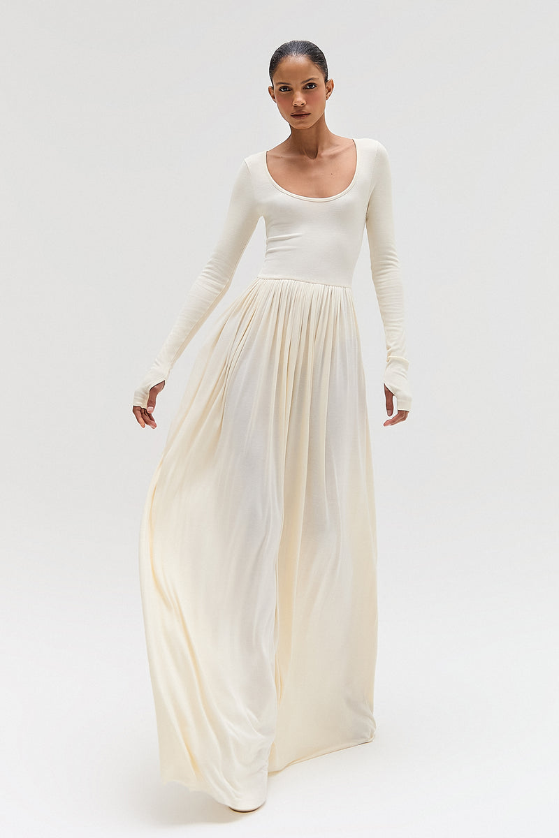 VESTIDO LONGO MANGA LONGA DECOTE REDONDO MALHA MANTEIGA (8644191453411)
