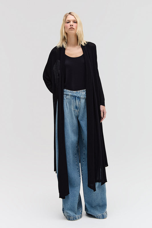 CASACO LONGO TRICOT FINO AMARRAÇÃO GOLA PRETO (8644103340259)
