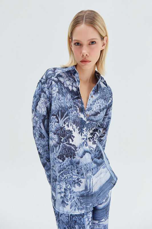 CAMISA LINHO ESTAMPA FLORESTA AZUL (8319872008419)