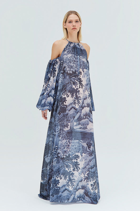 VESTIDO LONGO DECOTE OMBRO GGT ESTAMPA FLORESTA AZUL (8319875219683)