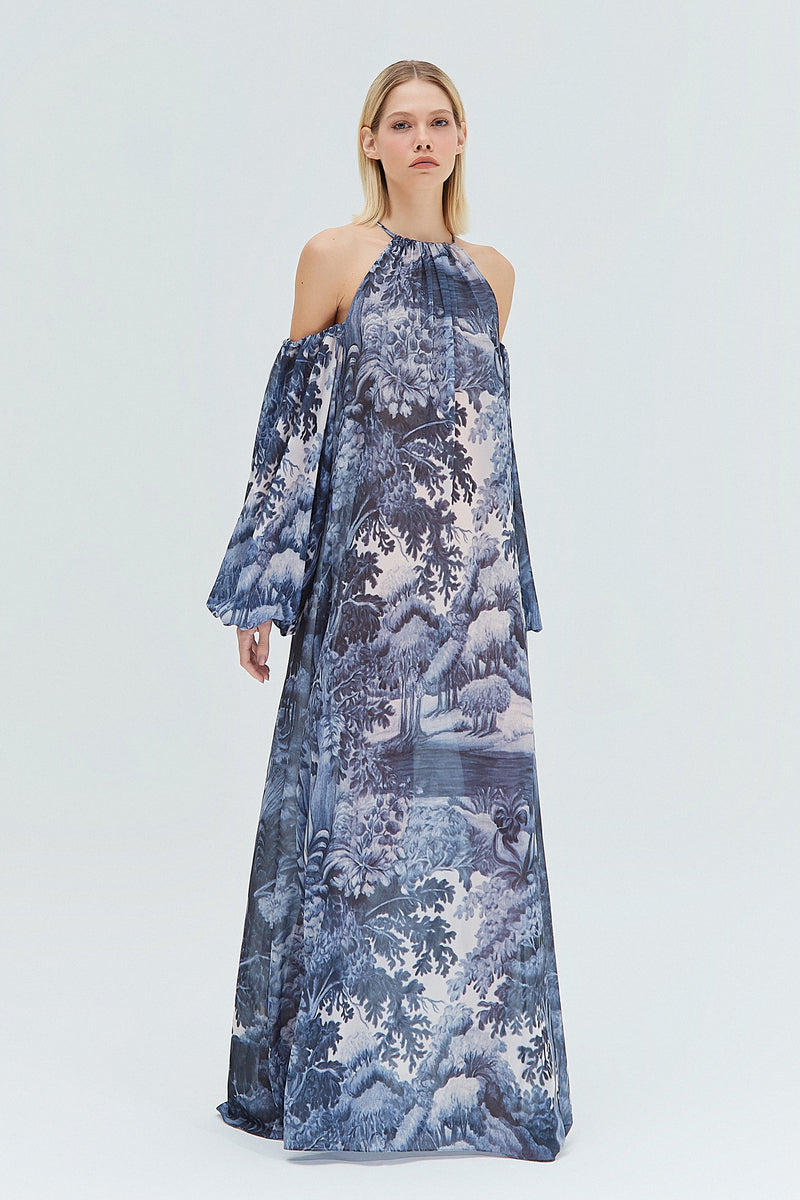 VESTIDO LONGO DECOTE OMBRO GGT ESTAMPA FLORESTA AZUL (8319875219683)