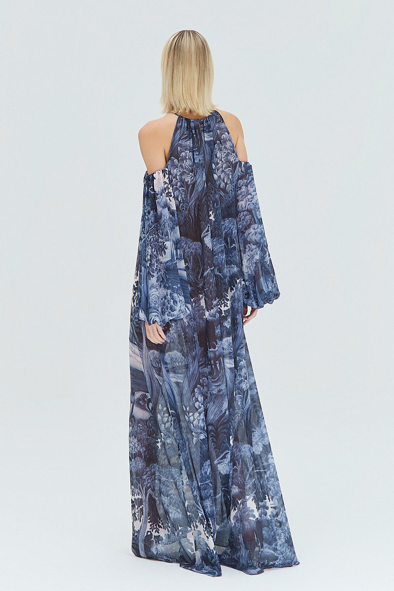VESTIDO LONGO DECOTE OMBRO GGT ESTAMPA FLORESTA AZUL (8319875219683)