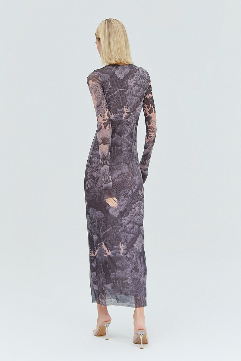 VESTIDO LONGO TULE ESTAMPA FLORESTA AZUL (8319876104419)