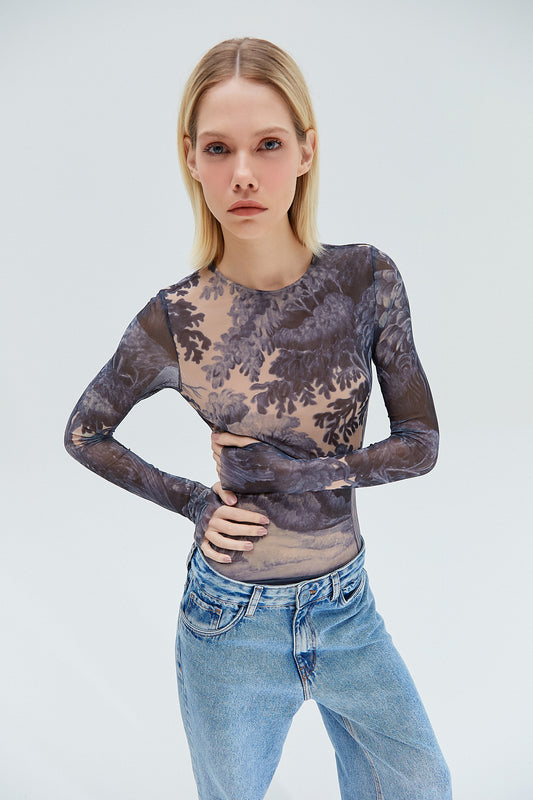 BLUSA TULE MANGA LONGA ESTAMPA FLORESTA AZUL (8319869780195)