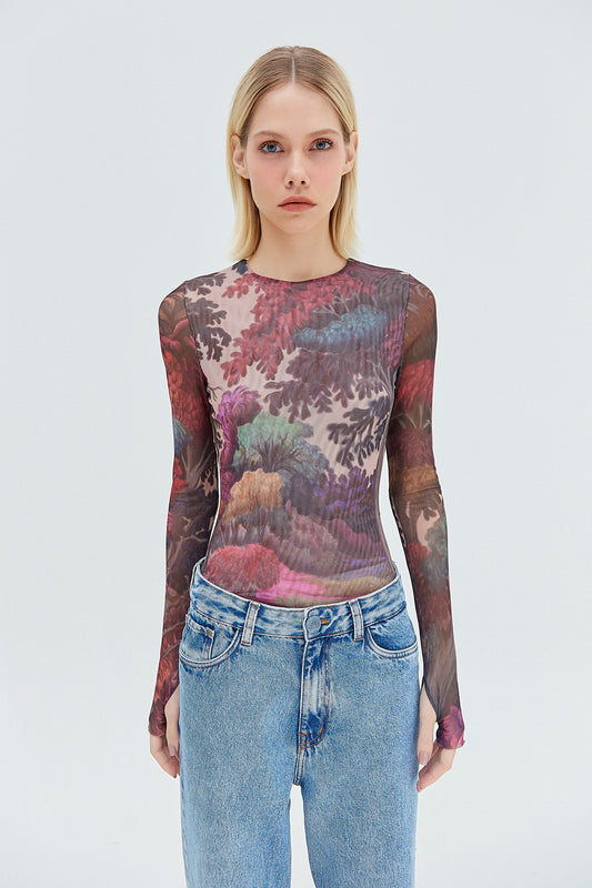 BLUSA TULE MANGA LONGA ESTAMPA FLORESTA COLORIDA (8319869878499)