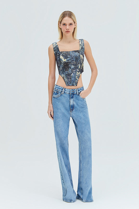 TOP ESTRUTURADO JACQUARD ESTAMPA FLORESTA AZUL (8319874728163)