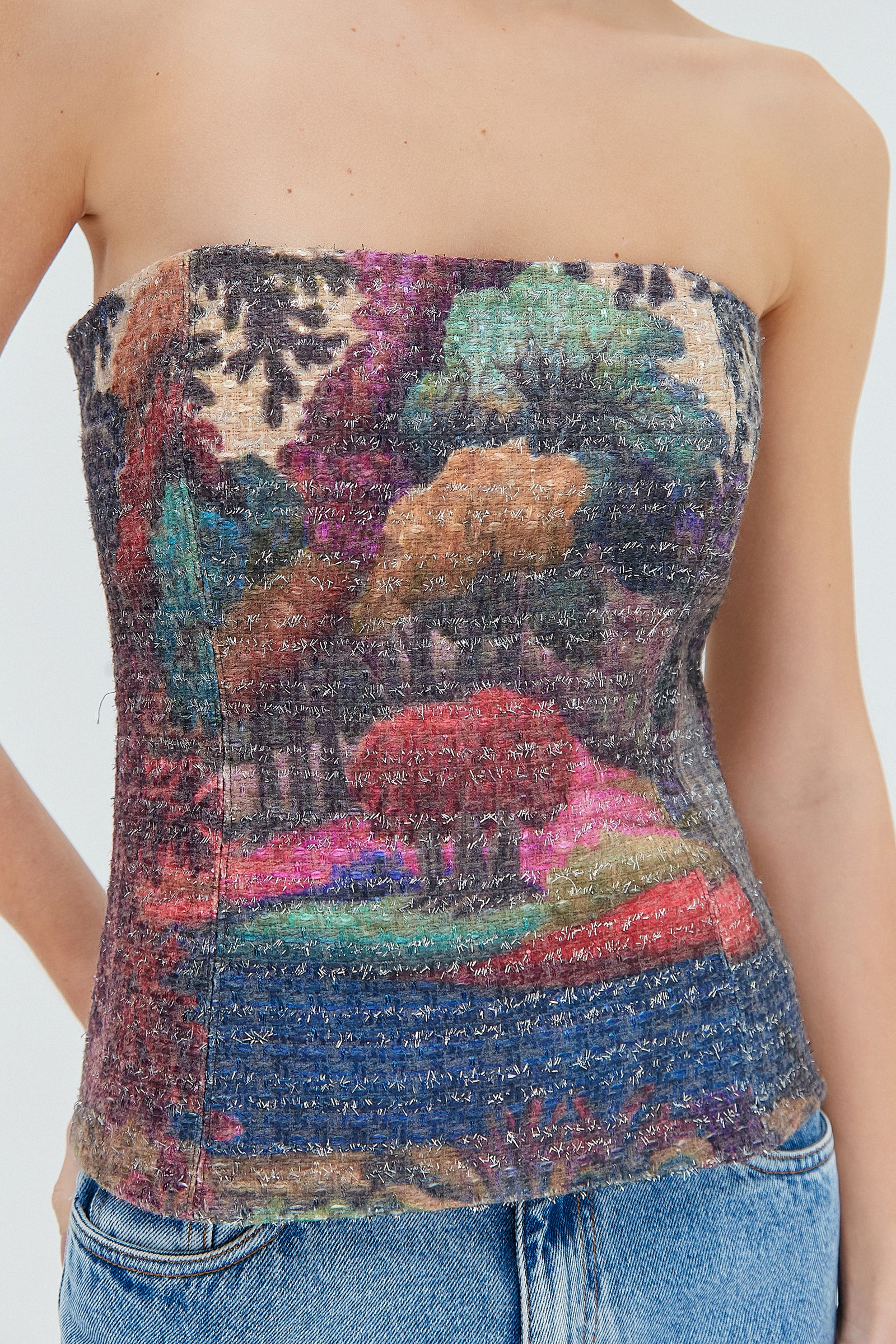 TOP CORSET TWEED ESTAMPA FLORESTA COLORIDA – TIG STORE