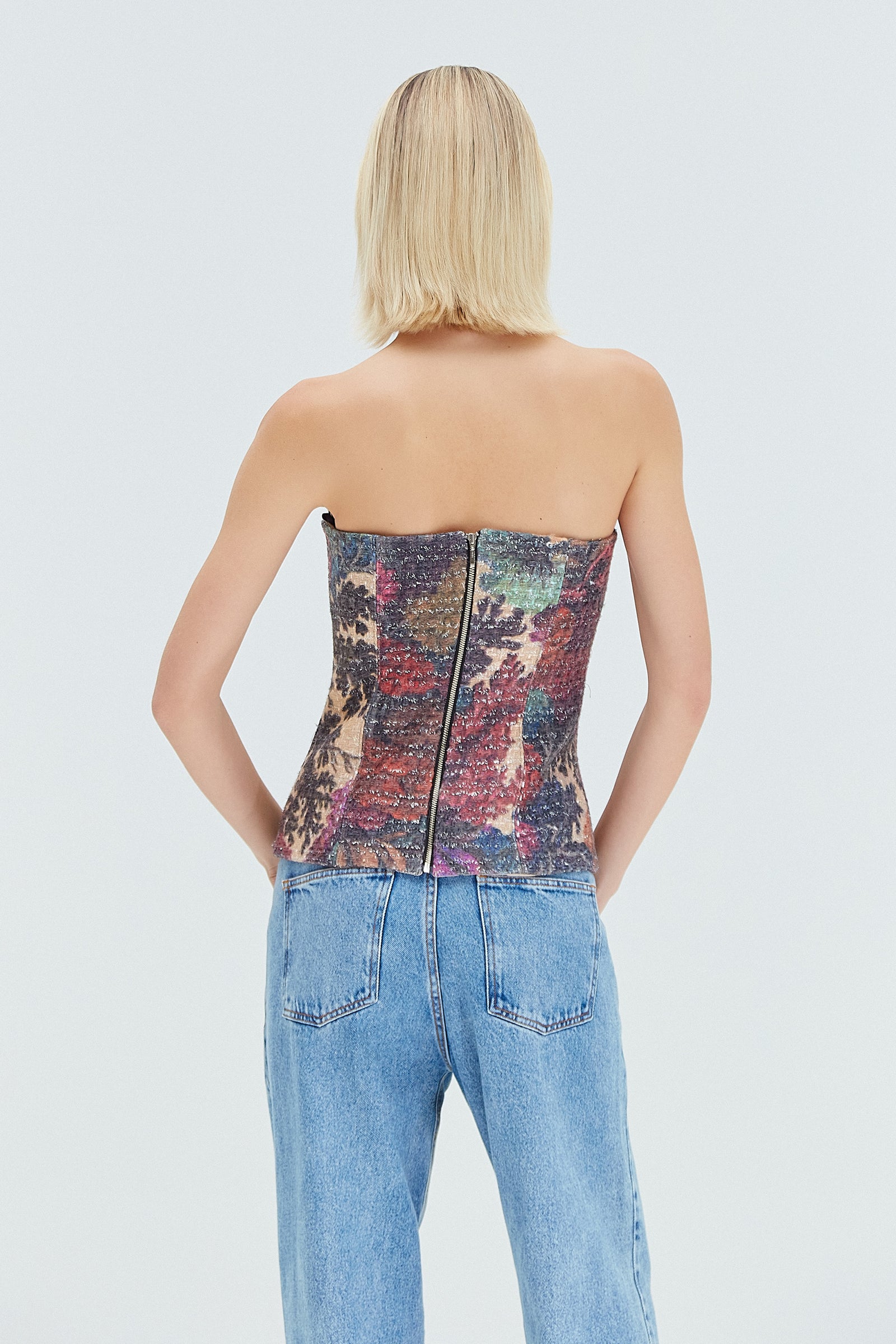 TOP CORSET TWEED ESTAMPA FLORESTA COLORIDA – TIG STORE