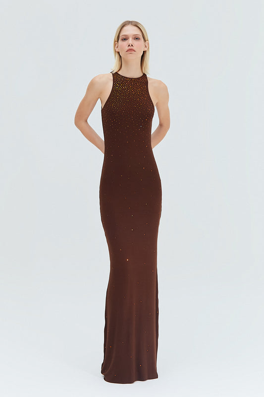 VESTIDO LONGO MALHA MARROM PEDRAS (8319875645667)