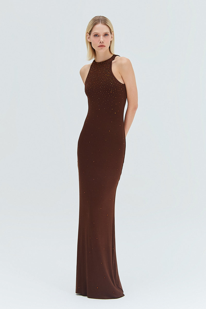VESTIDO LONGO MALHA MARROM PEDRAS (8319875645667)