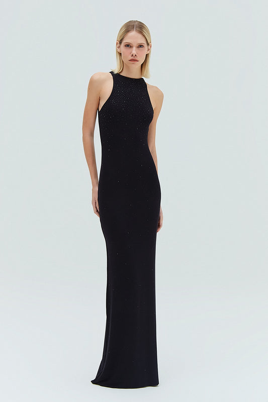 VESTIDO LONGO NADADOR MALHA PRETO PEDRAS (8319875776739)