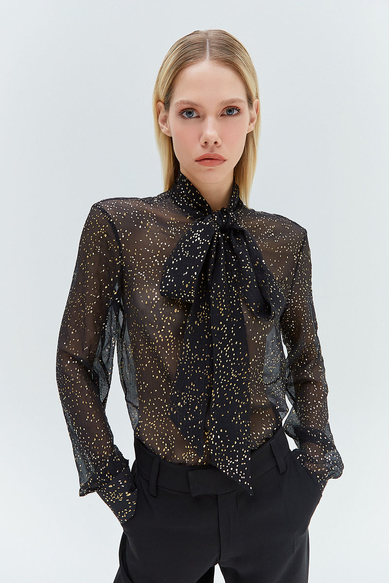 CAMISA LAÇO SEDA PRETA E DOURADA (8319871975651)