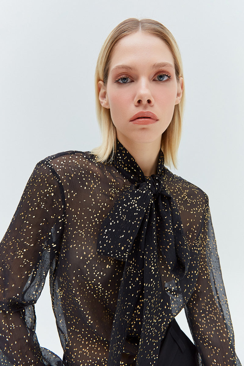 CAMISA LAÇO SEDA PRETA E DOURADA (8319871975651)