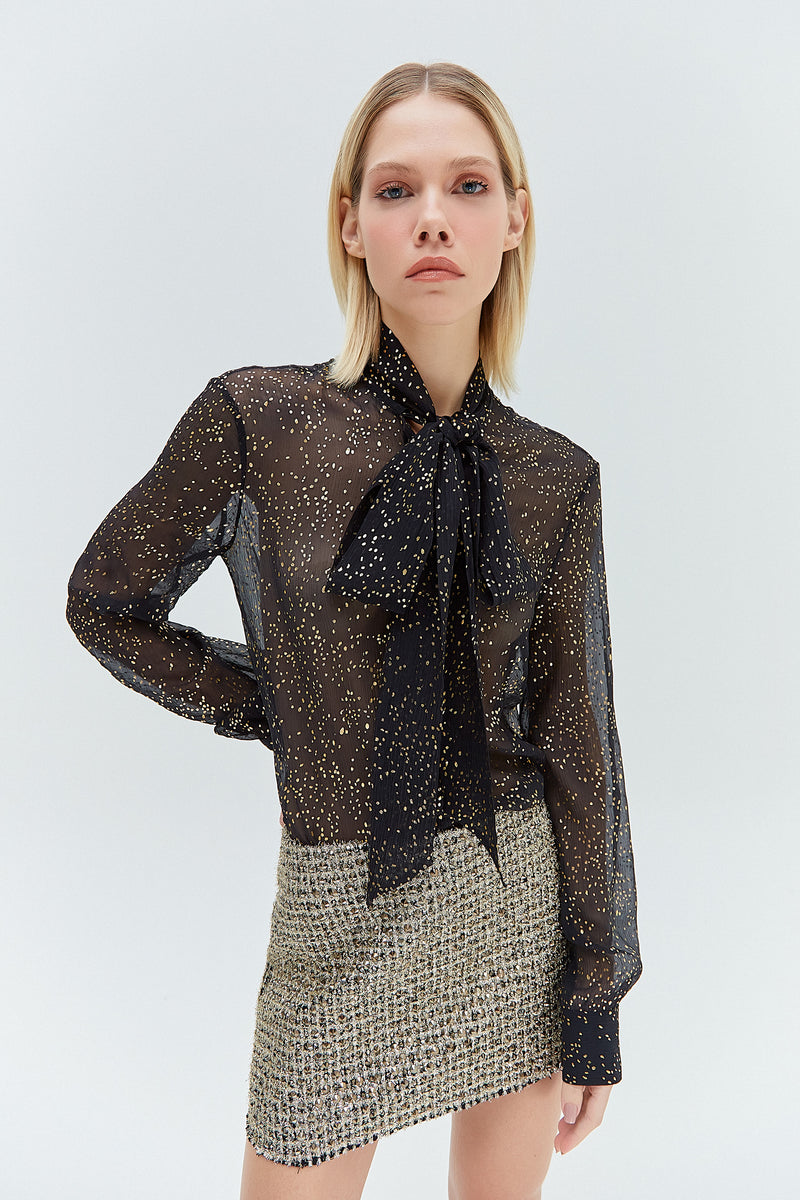 CAMISA LAÇO SEDA PRETA E DOURADA (8319871975651)