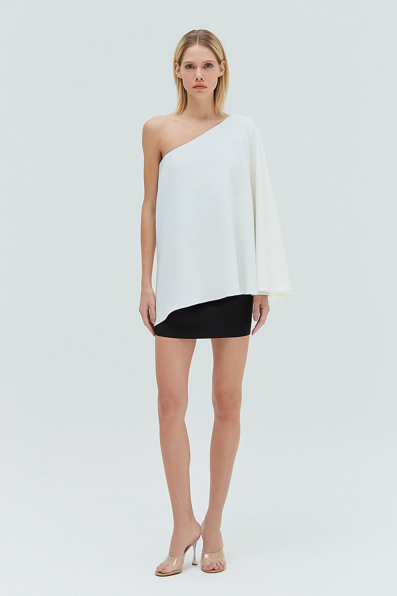 VESTIDO CURTO UM OMBRO BICOLOR CREPE PATOU PRETO E OFF WHITE (8319874892003)