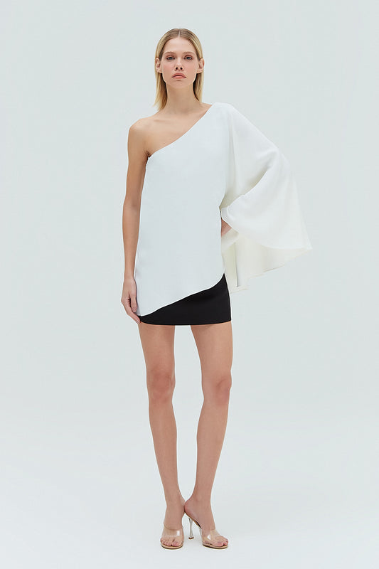 VESTIDO CURTO UM OMBRO BICOLOR CREPE PATOU PRETO E OFF WHITE (8319874892003)