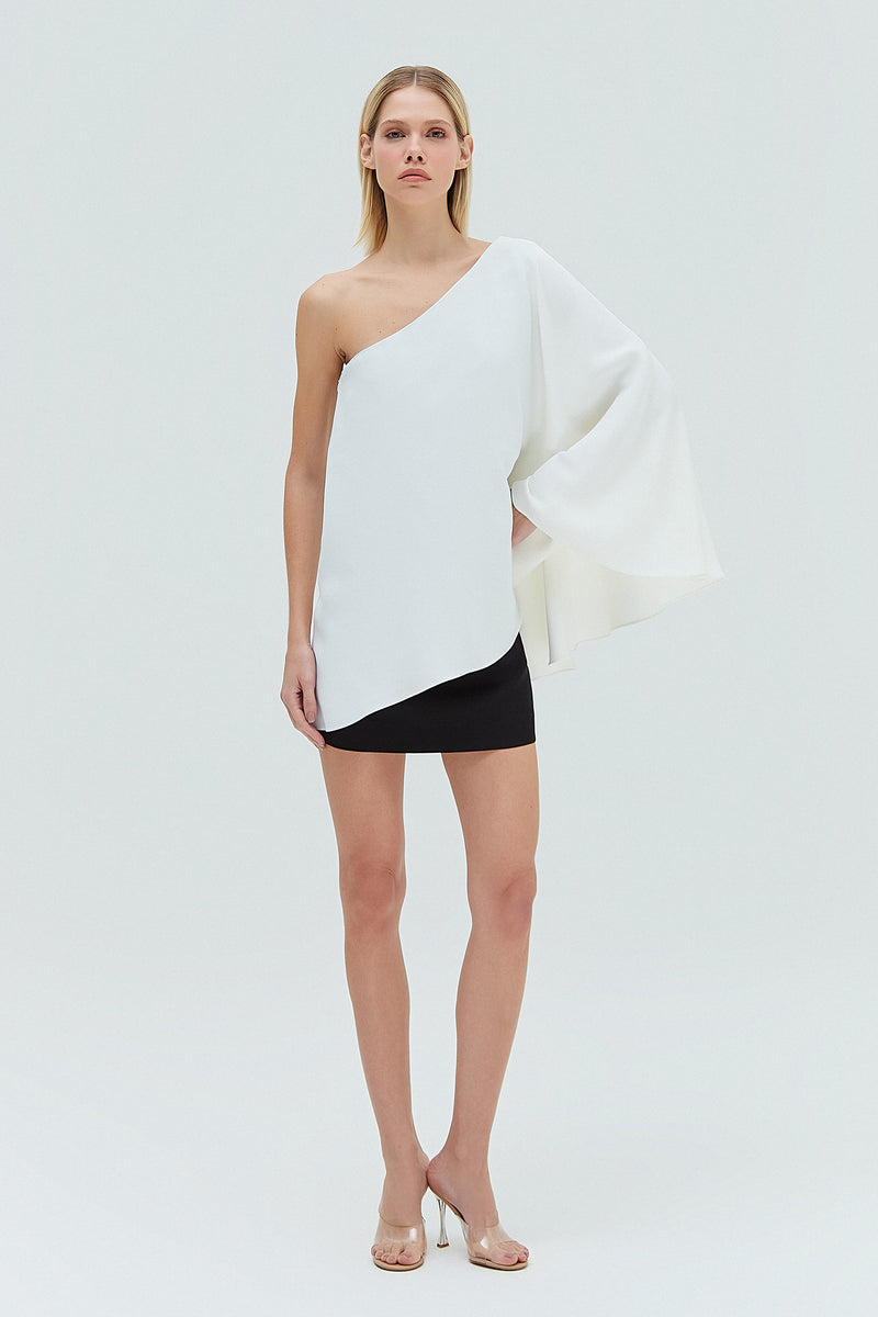 VESTIDO CURTO UM OMBRO BICOLOR CREPE PATOU PRETO E OFF WHITE (8319874892003)