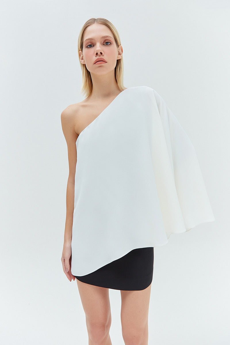 VESTIDO CURTO UM OMBRO BICOLOR CREPE PATOU PRETO E OFF WHITE (8319874892003)