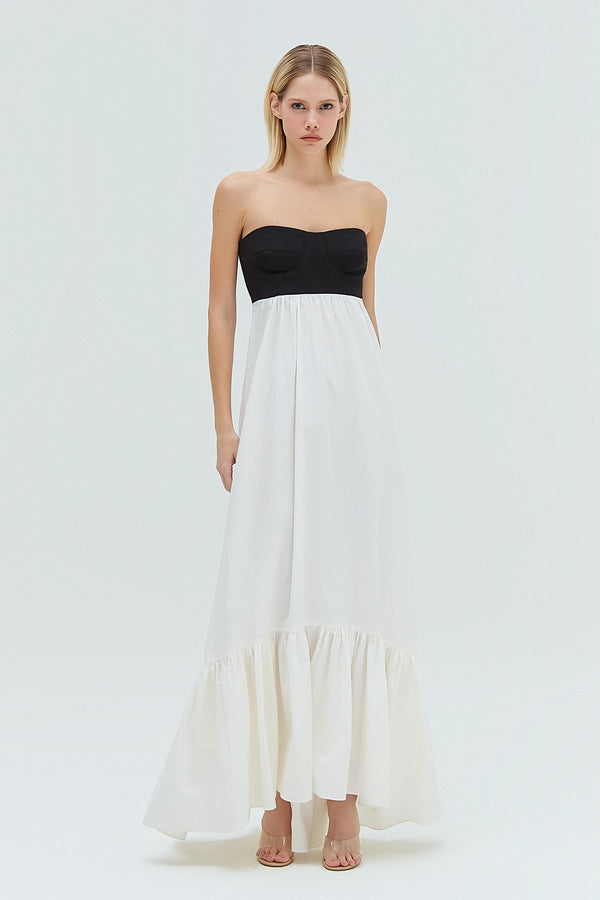 VESTIDO TOMARA QUE CAIA BICOLOR CREPE PATOU E TRICOLINE (8319876399331)